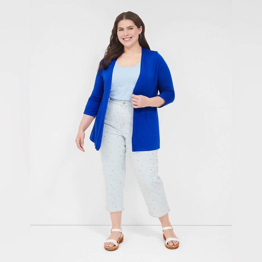 Lane Bryant Light Blue Cropped Boyfriend Jeans with Royal Blue Cardigan